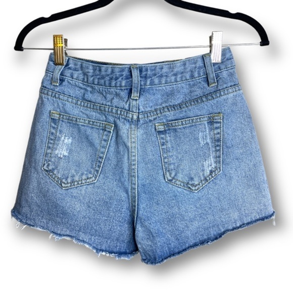 Superdown Revolve Size 23 Medium Wash Rhinestone Studded Distressed Denim Shorts - Picture 2 of 11